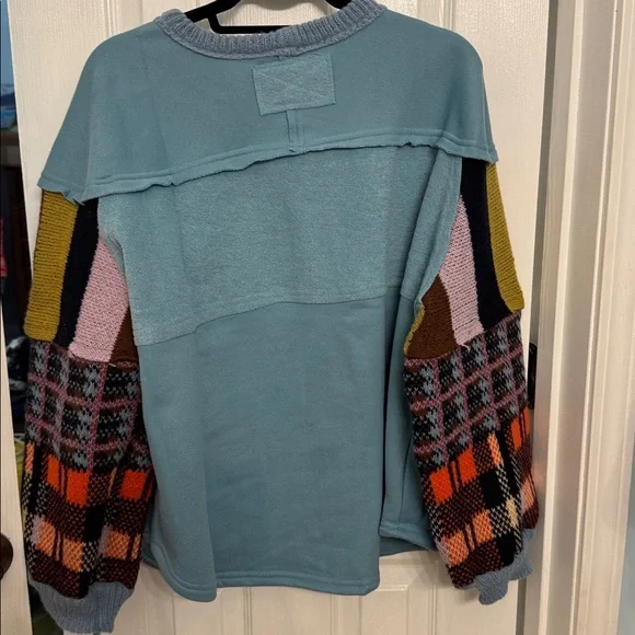 Easel Patchwork Blue OVERSIZED Knit Pullover Sweatshirt Sweater Small NEW - Picture 7 of 9